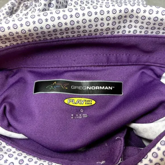 Men's Greg Norman White Purple Printed Collared Golf Play Dry Size Large Polo - Picture 4 of 6